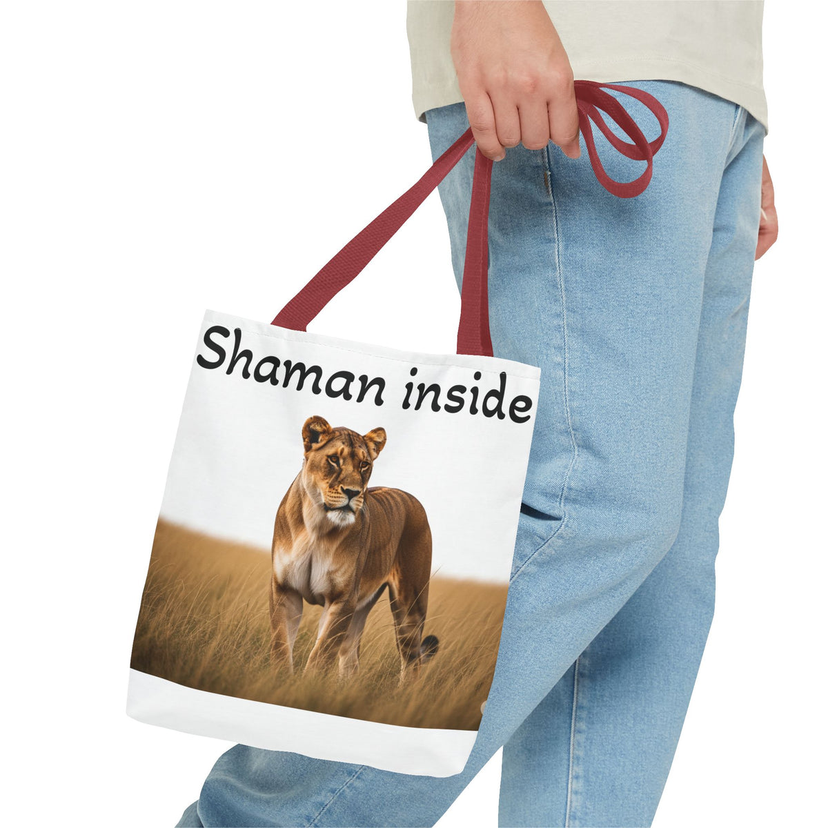 Shaman Inside Lioness Tote Bag — Wildlife Spirituality All-Over Print Tote