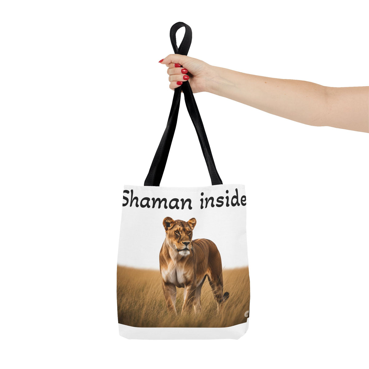 Shaman Inside Lioness Tote Bag — Wildlife Spirituality All-Over Print Tote