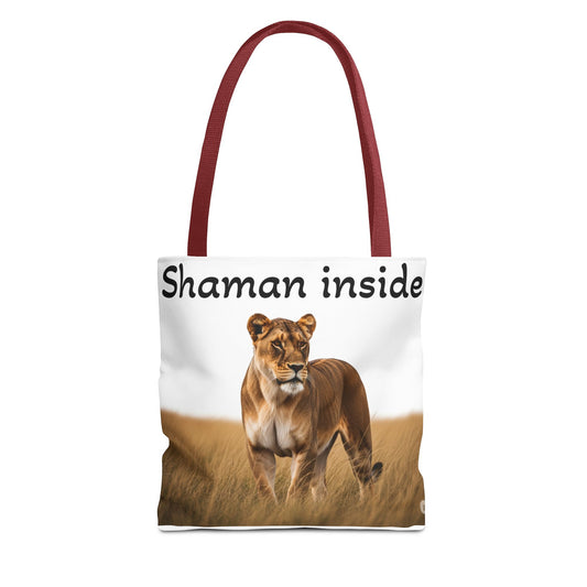 Borsa tote Shaman Inside Lioness — Borsa tote con stampa all-over dedicata alla spiritualità della fauna selvatica