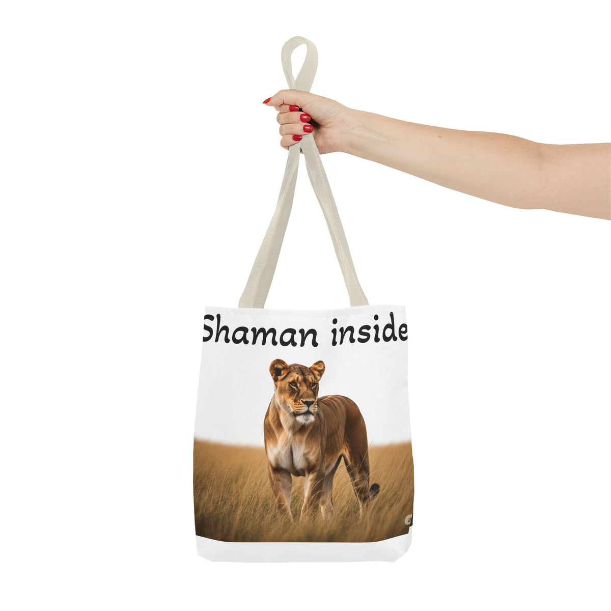 Shaman Inside Lioness Tote Bag — Wildlife Spirituality All-Over Print Tote