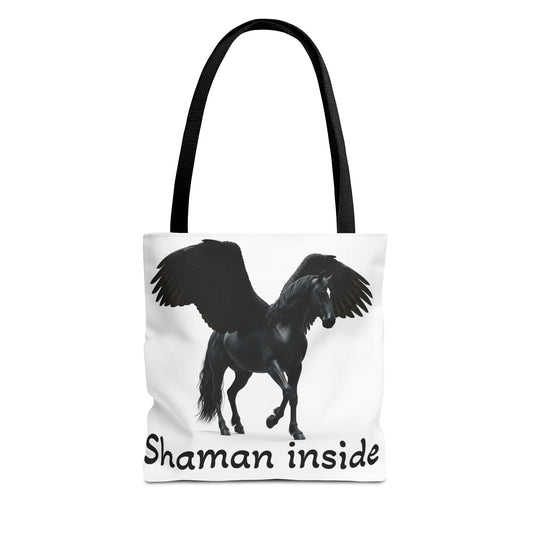 Shaman Inside Pegasus Tote Bag — Mystic Black Winged Horse Bag