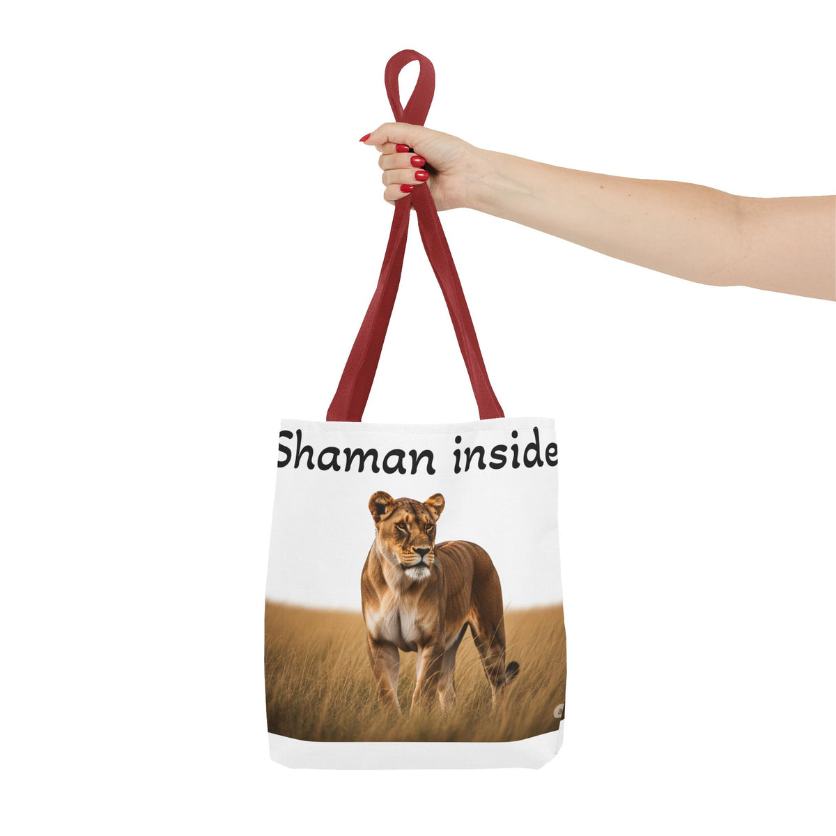 Shaman Inside Lioness Tote Bag — Wildlife Spirituality All-Over Print Tote