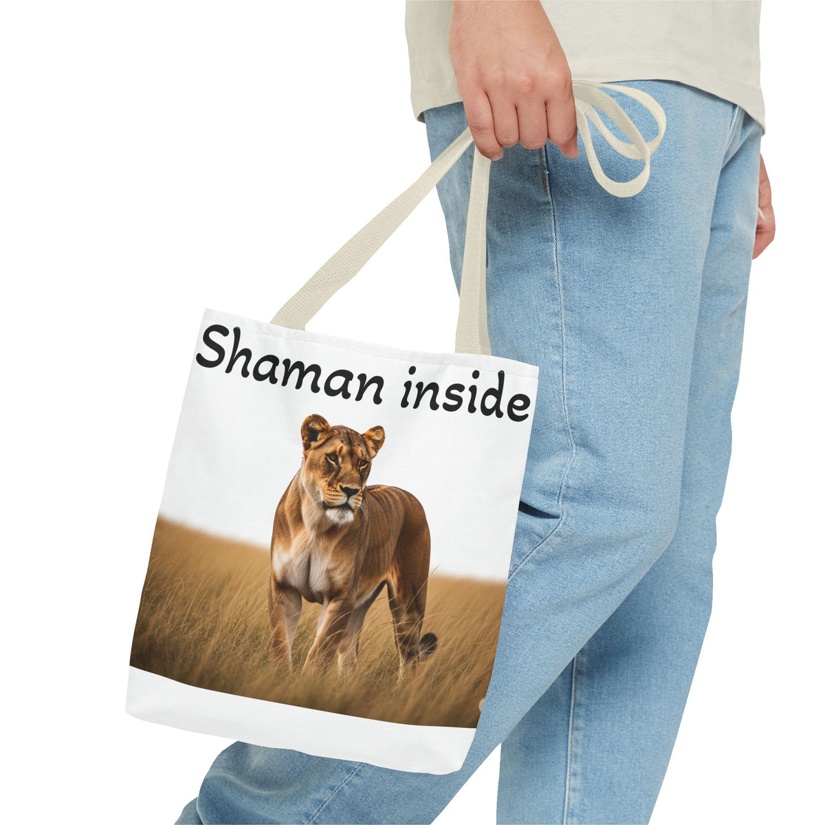Shaman Inside Lioness Tote Bag — Wildlife Spirituality All-Over Print Tote