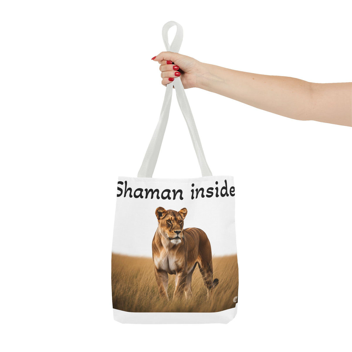 Shaman Inside Lioness Tote Bag — Wildlife Spirituality All-Over Print Tote