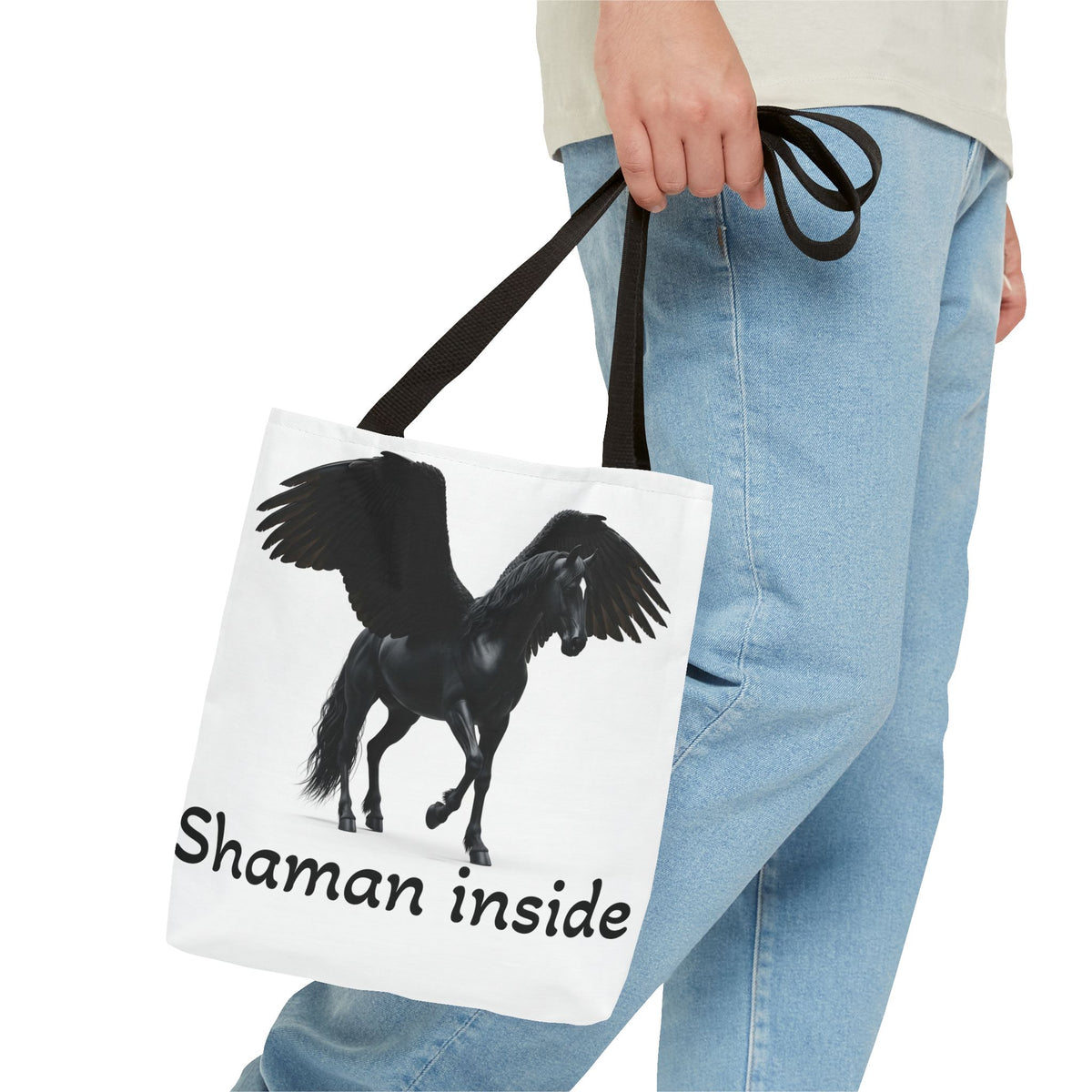 Shaman Inside Pegasus Tote Bag — Mystic Black Winged Horse Bag