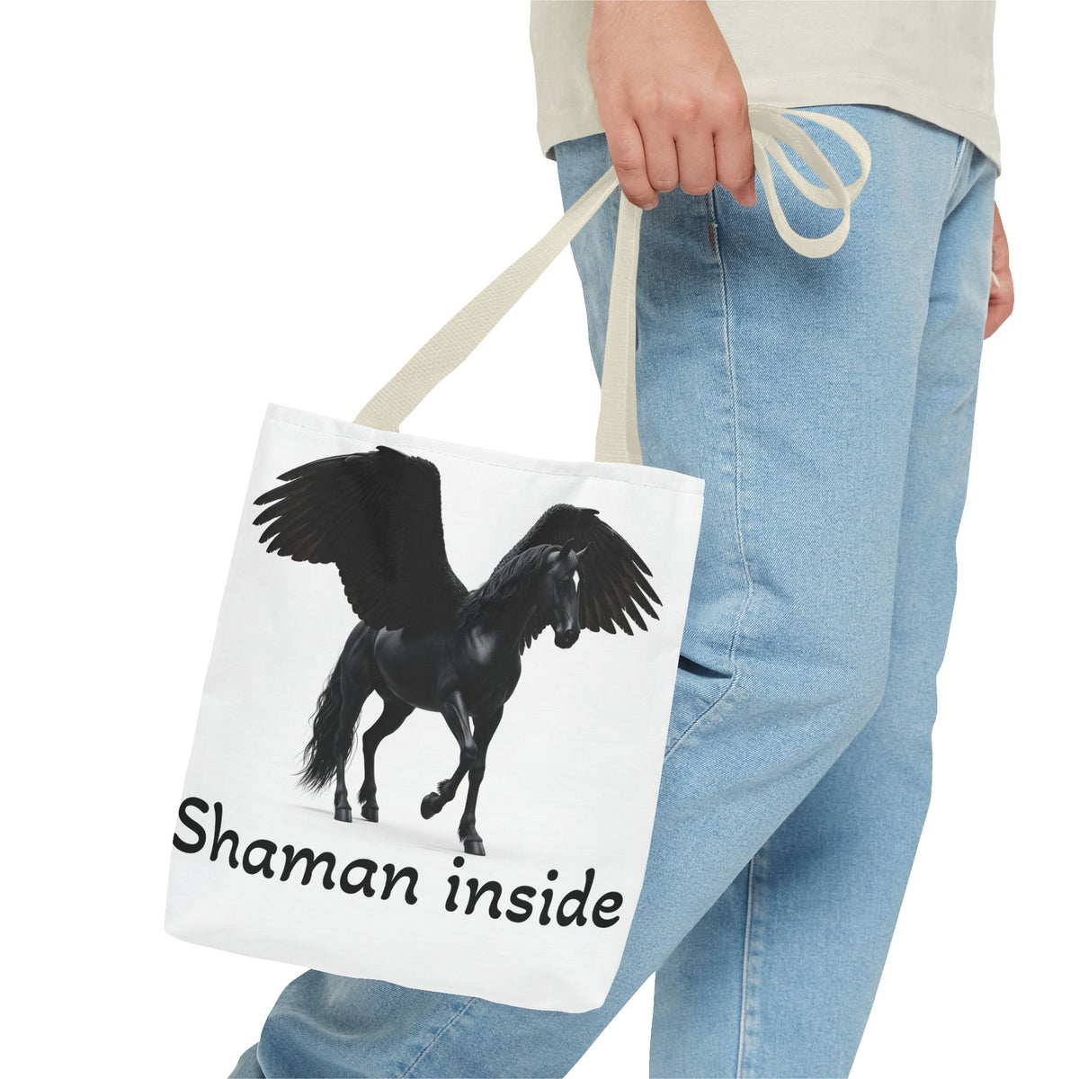 Shaman Inside Pegasus Tote Bag — Mystic Black Winged Horse Bag