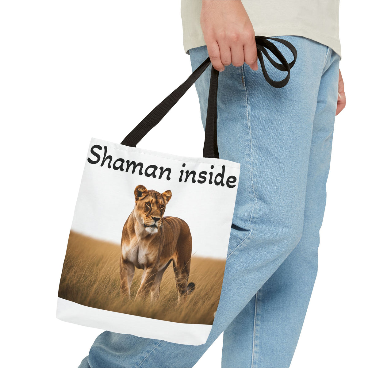 Shaman Inside Lioness Tote Bag — Wildlife Spirituality All-Over Print Tote