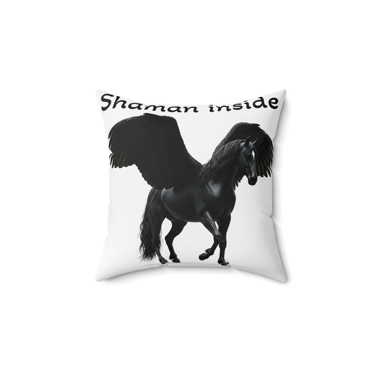 Shaman Inside Pegasus Pillow — Black Winged Horse Decorative Throw Pillow