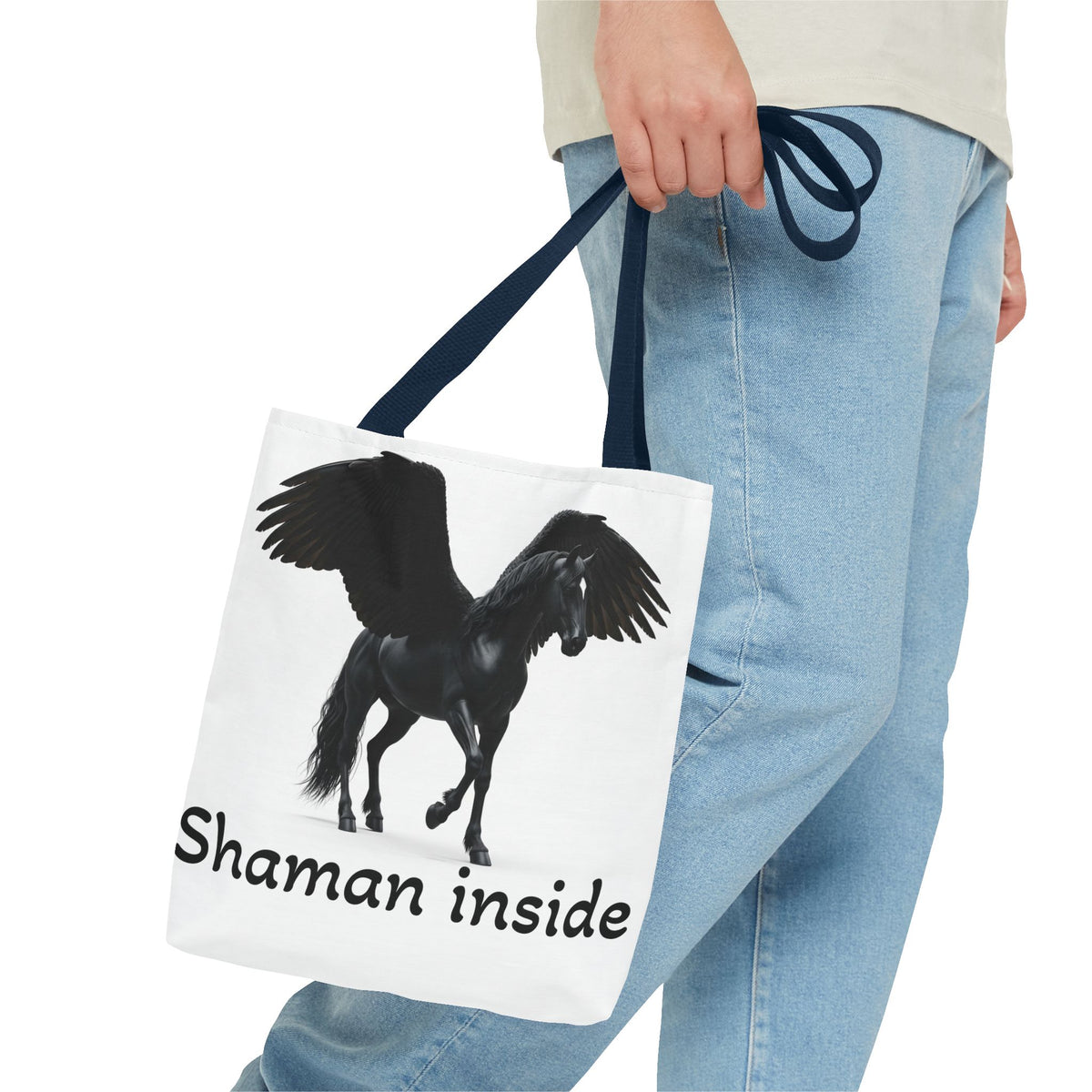 Shaman Inside Pegasus Tote Bag — Mystic Black Winged Horse Bag