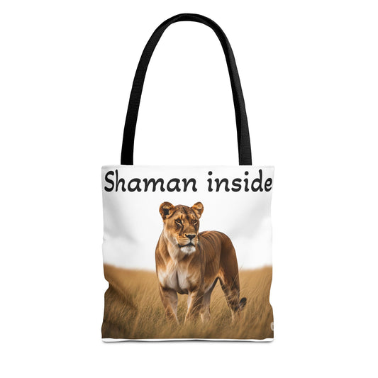 Borsa tote Shaman Inside Lioness — Borsa tote con stampa all-over dedicata alla spiritualità della fauna selvatica